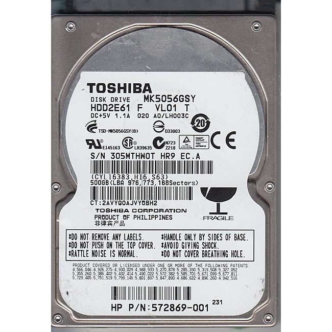 Ổ Cứng HDD 2.5" Toshiba 500GB SATA 7200RPM 16MB Cache (MK5056GSY)