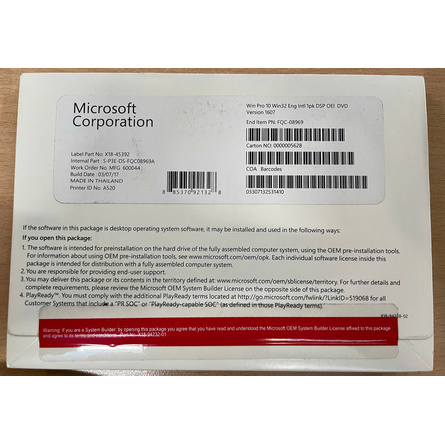 Phần Mềm Hệ Điều Hành Microsoft WinPro 10 Win32 Eng Intl 1pk DSP OEI DVD (FQC-08969)