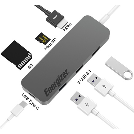 Thiết Bị Chuyển Đổi Energizer  USB 3.1 Type-C Thành 3 Cổng USB 3.0 + USB Type-C + SD + microSD + HDMI (HC3MPGY4)