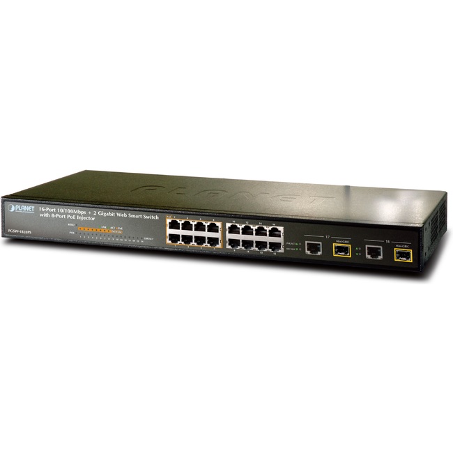 Planet 16-Port 10/100Base-TX 802.3af + 2-Port 1000FX SFP Ethernet Web Smart PoE Switch (FGSW-1828PS)
