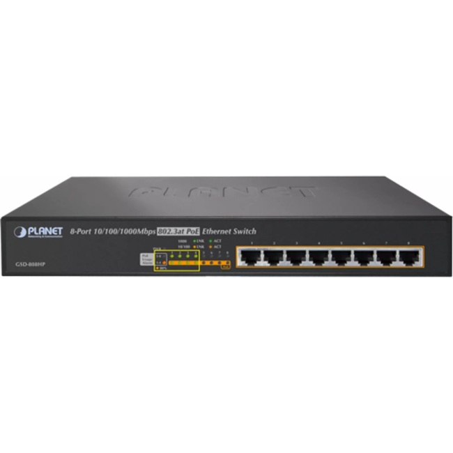 Planet 8-Port 10/100/1000Mbps 802.3at PoE Desktop Switch (GSD-808HP)